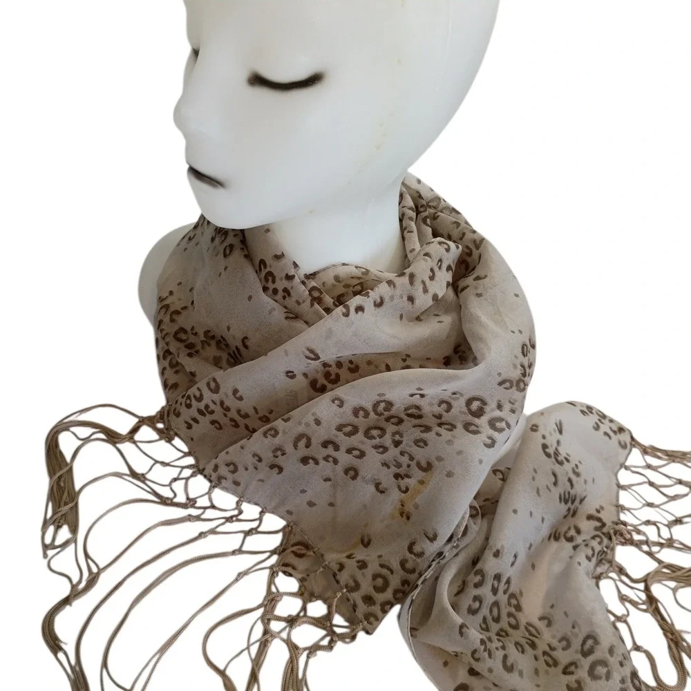 Studio 36 Tan Brown Leopard Print Fringed Scarf Lightweight Sheer‎ Animal Print